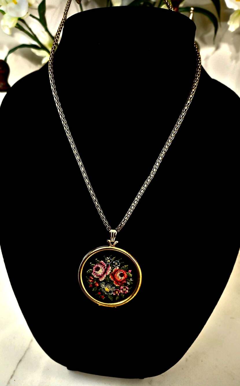 Vintage Avon Floral Petit Point Locket Pendant Necklace